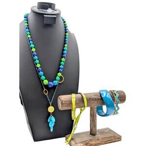 Mixed Lot of Blue Green Theme Jewelry Including 2 Necklaces & 5 Bracelets